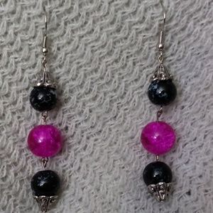Black and pink drop earrings